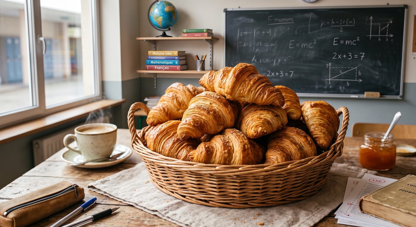 Een rieten mand met verse croissants op een tafel in een klaslokaal.
