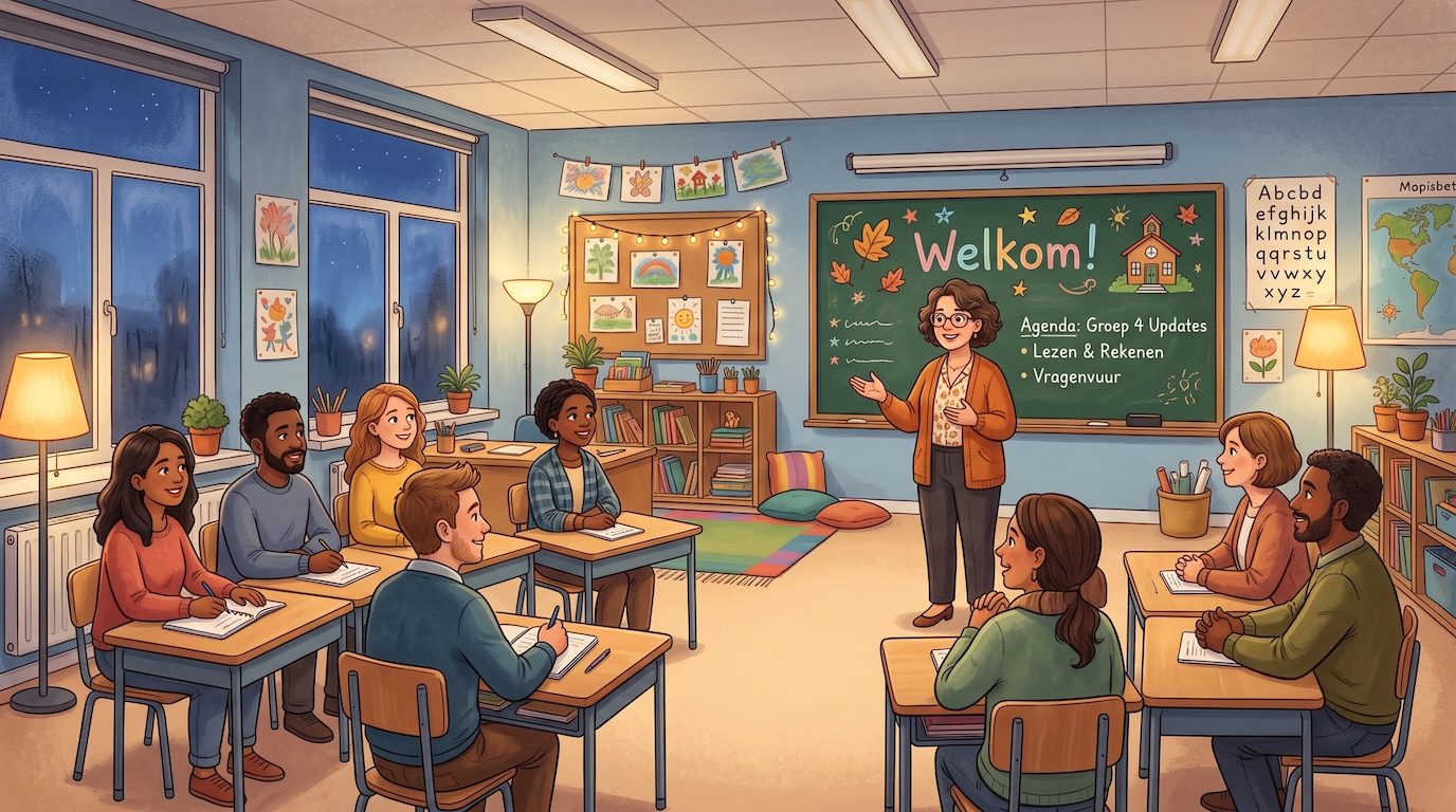 Illustratie van ouders die in een klaslokaal naar de leerkracht luisteren tijdens een info-avond.