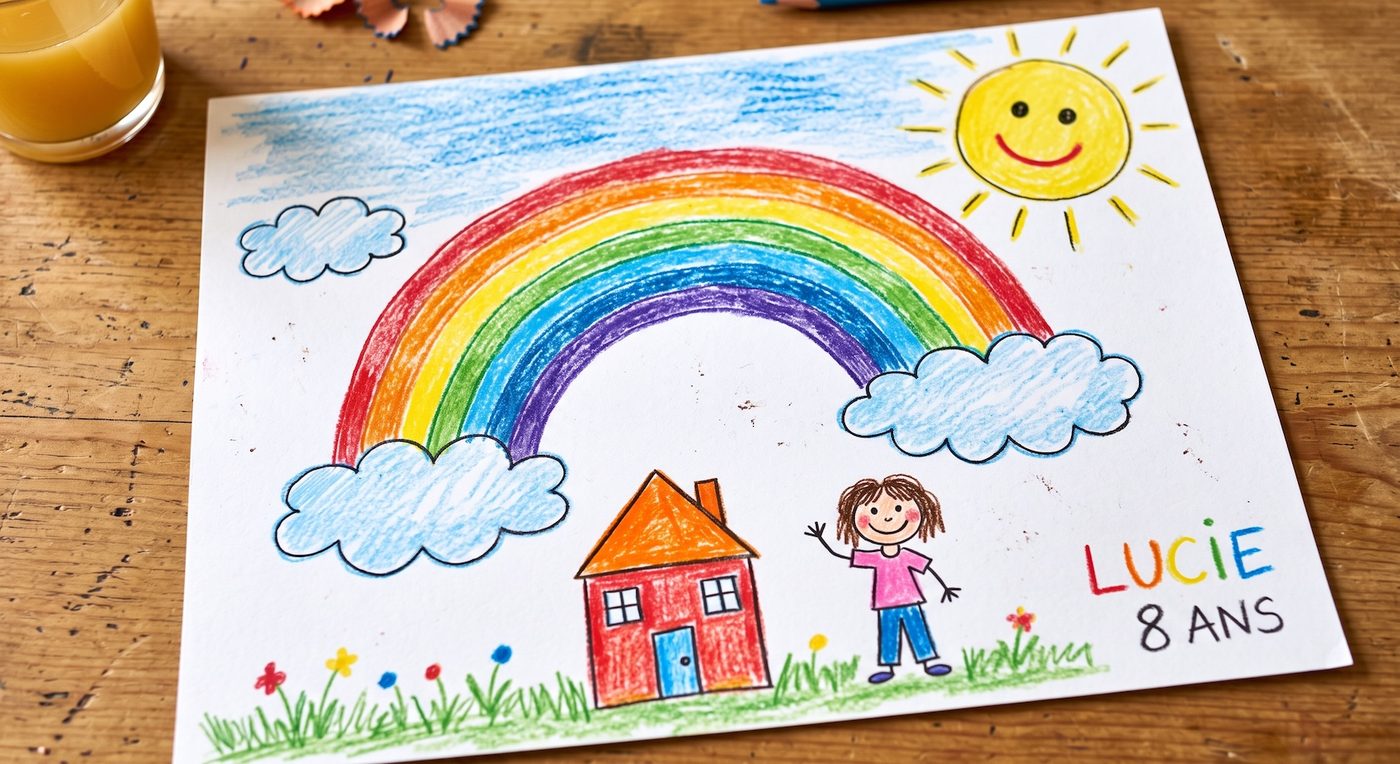 Een kindertekening van een regenboog met een huis, een zon en een kind.